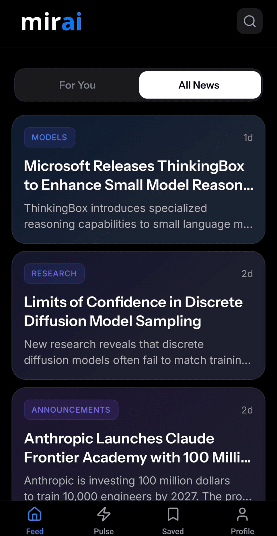 Mirai news feed in dark theme
