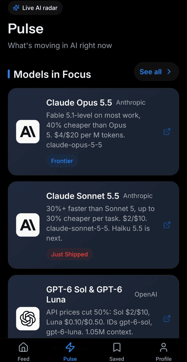 Mirai Pulse dashboard with Models in Focus