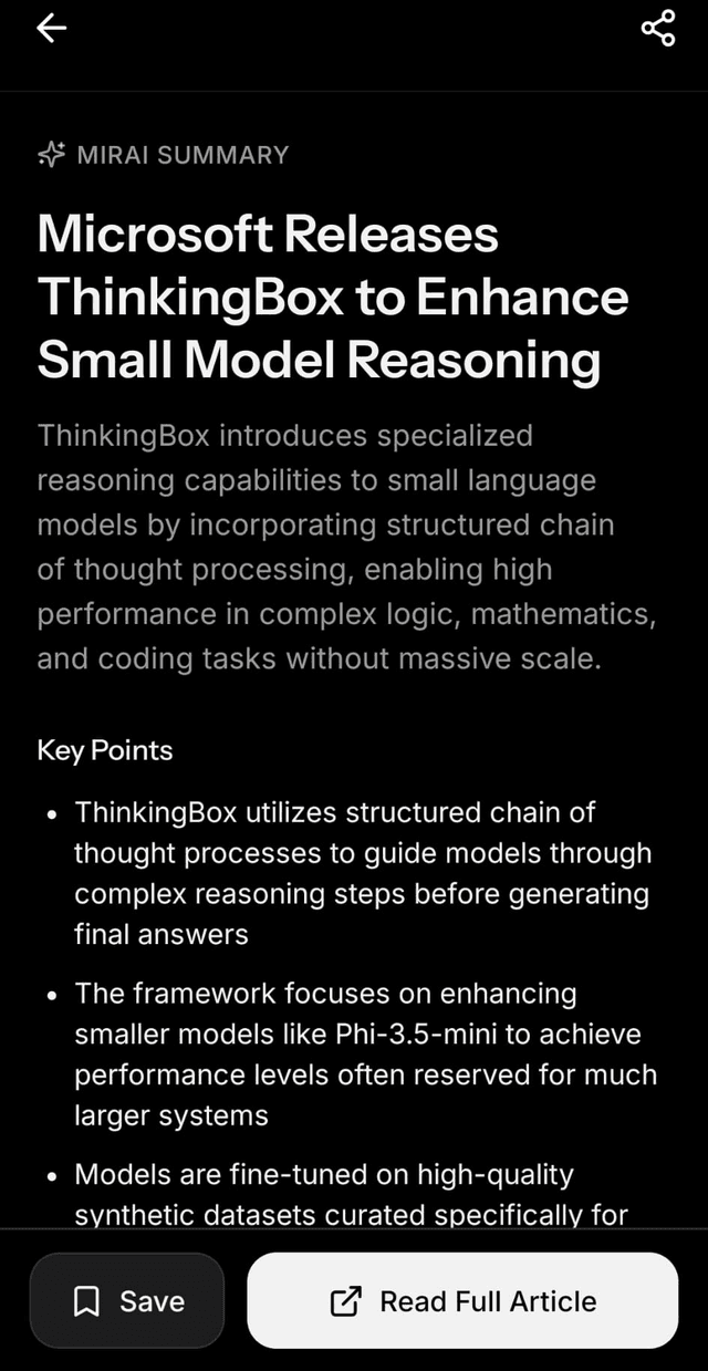 Mirai AI summary with key points for an article